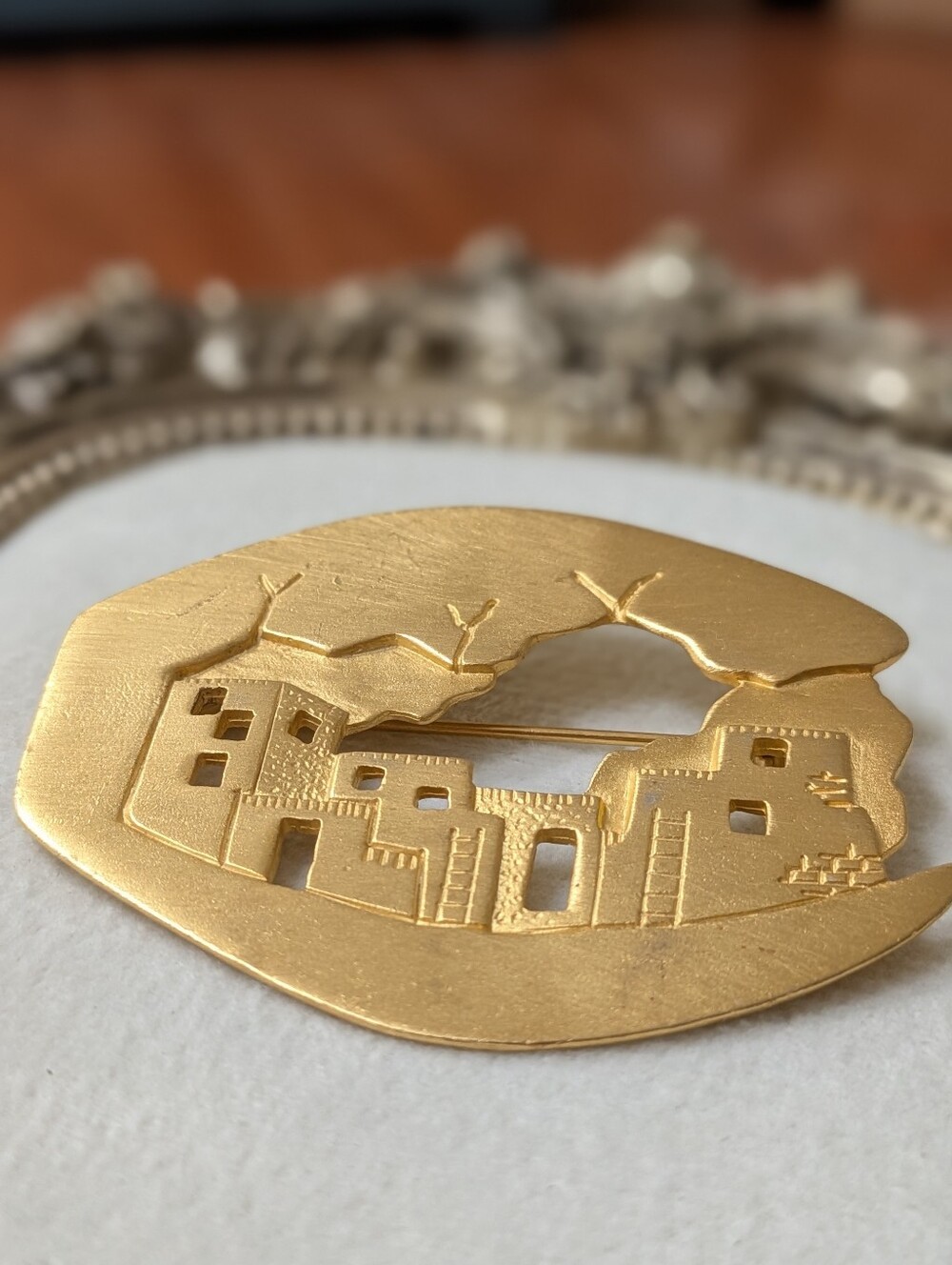 Vintage JJ 1988 Gold Tone Landscape Brooch Adobe Southwestern